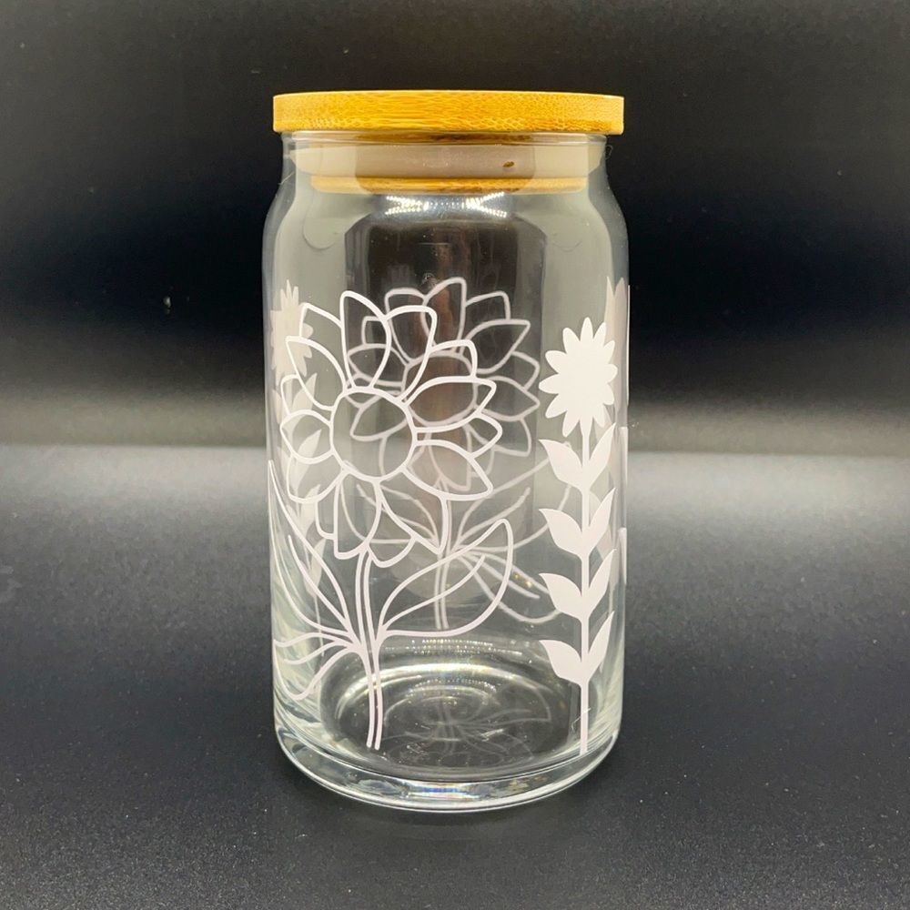 NWT WOOL + PEPPER CO. Flower Stems Glass Can Cup w/ Bamboo Lid